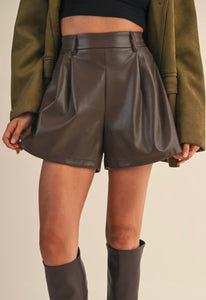 Brown | leather pleated shorts