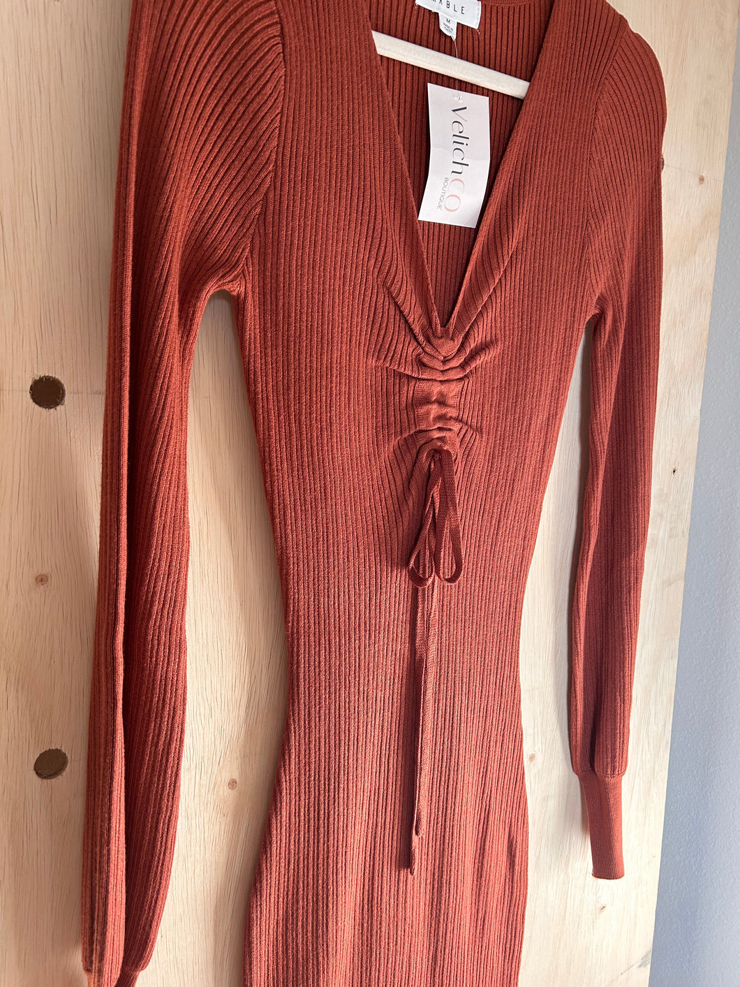 RUST | Drawstring knit midi dress